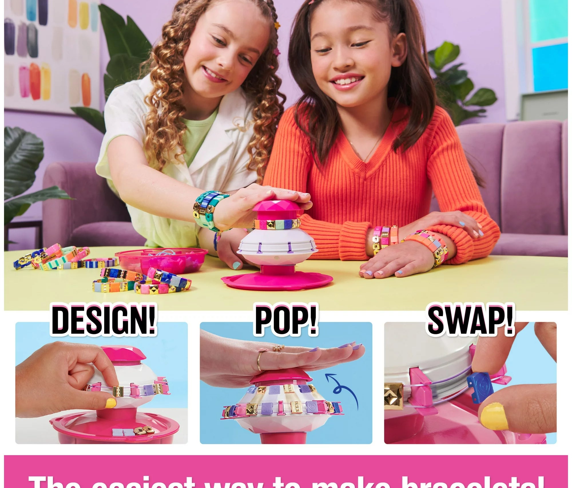 Two children playing with pink bracelet maker
