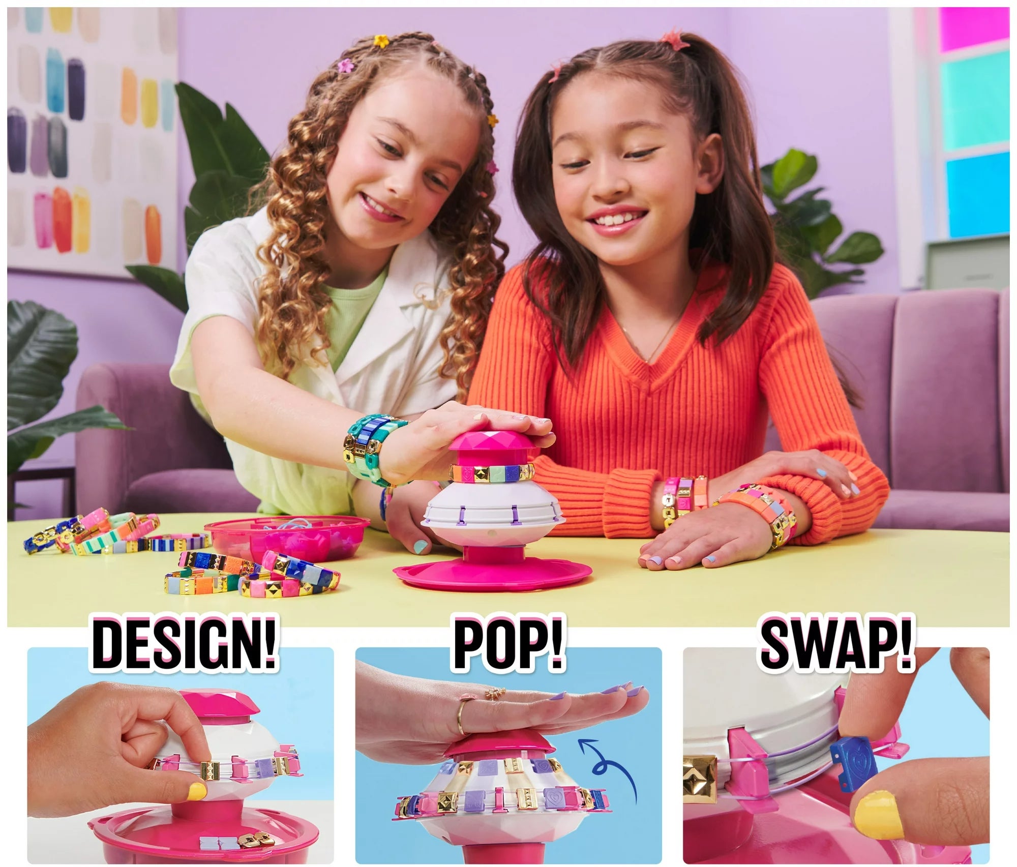 Two children playing with pink bracelet maker
