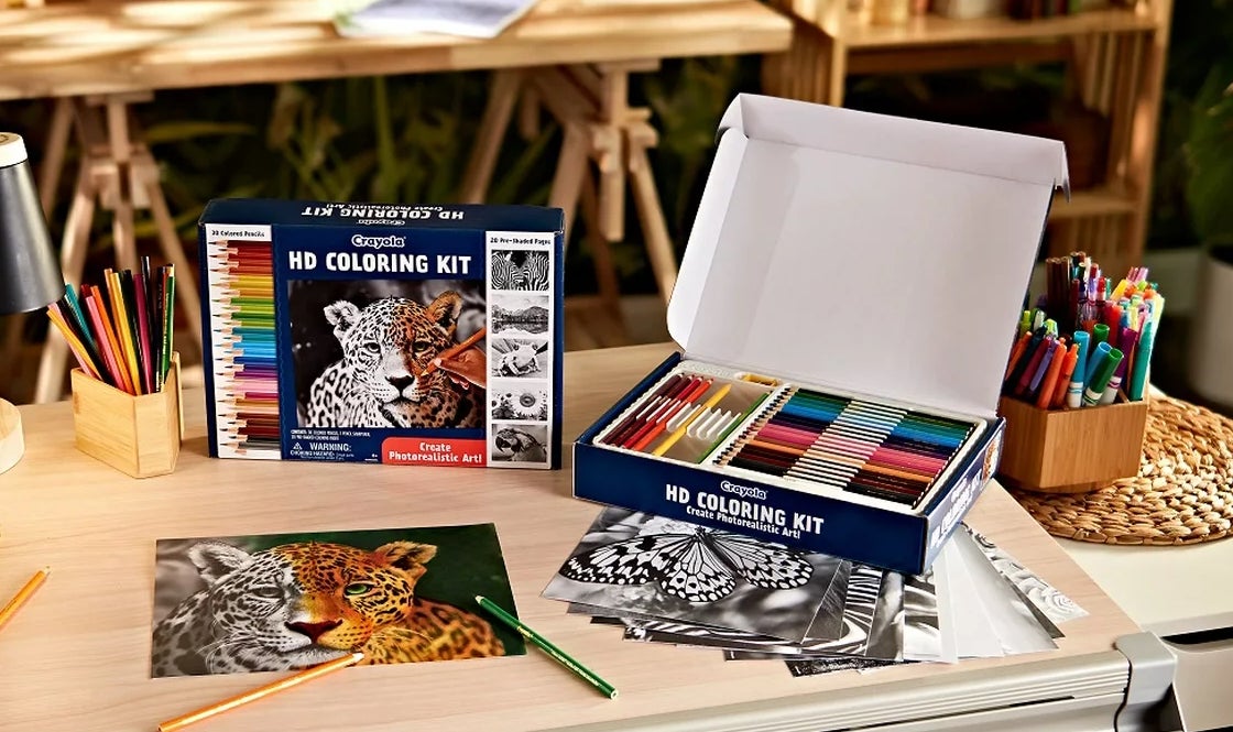 Crayola coloring kit opened on table