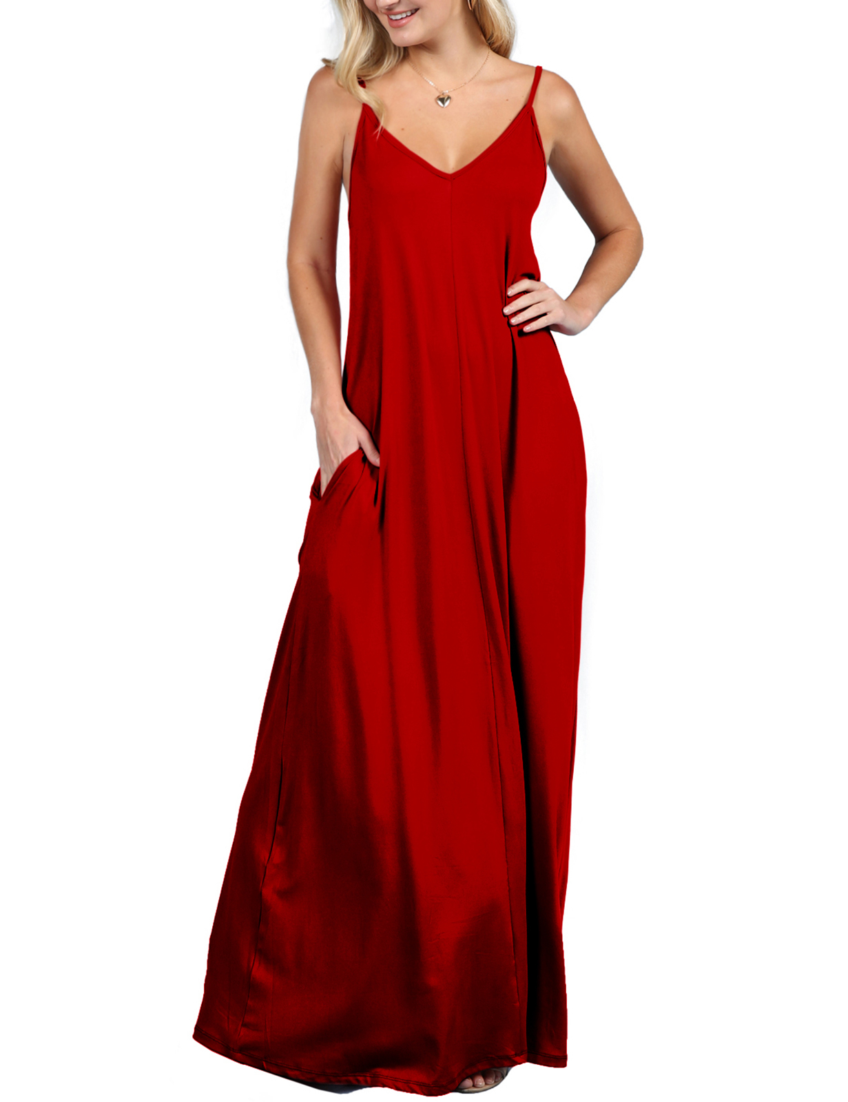 Model wearing red dress.