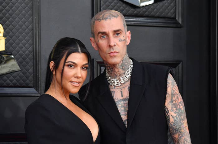 Close-up of Kourtney and Travis at a media event