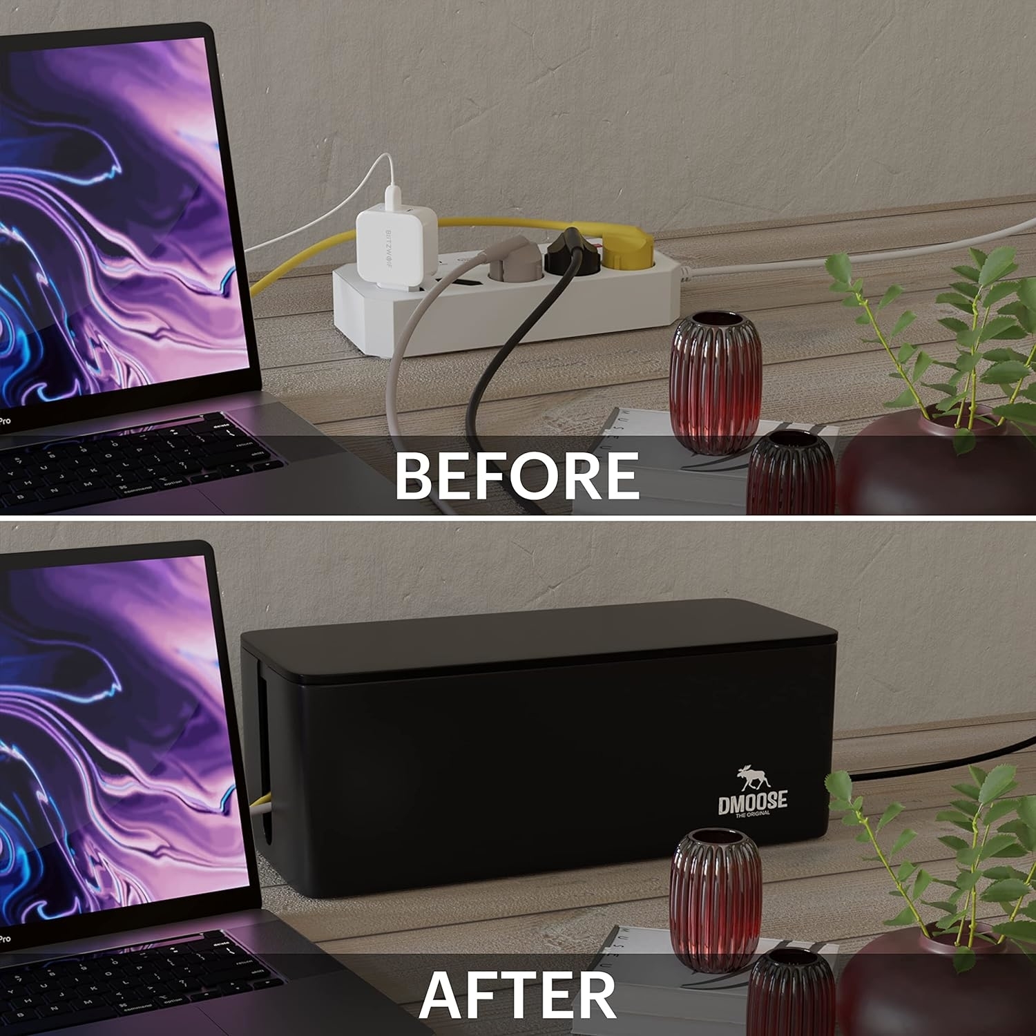 A before and after picture: on the top, a bunch of cords tangled on a desk and on the bottom, all those cords nicely disguised in a black box