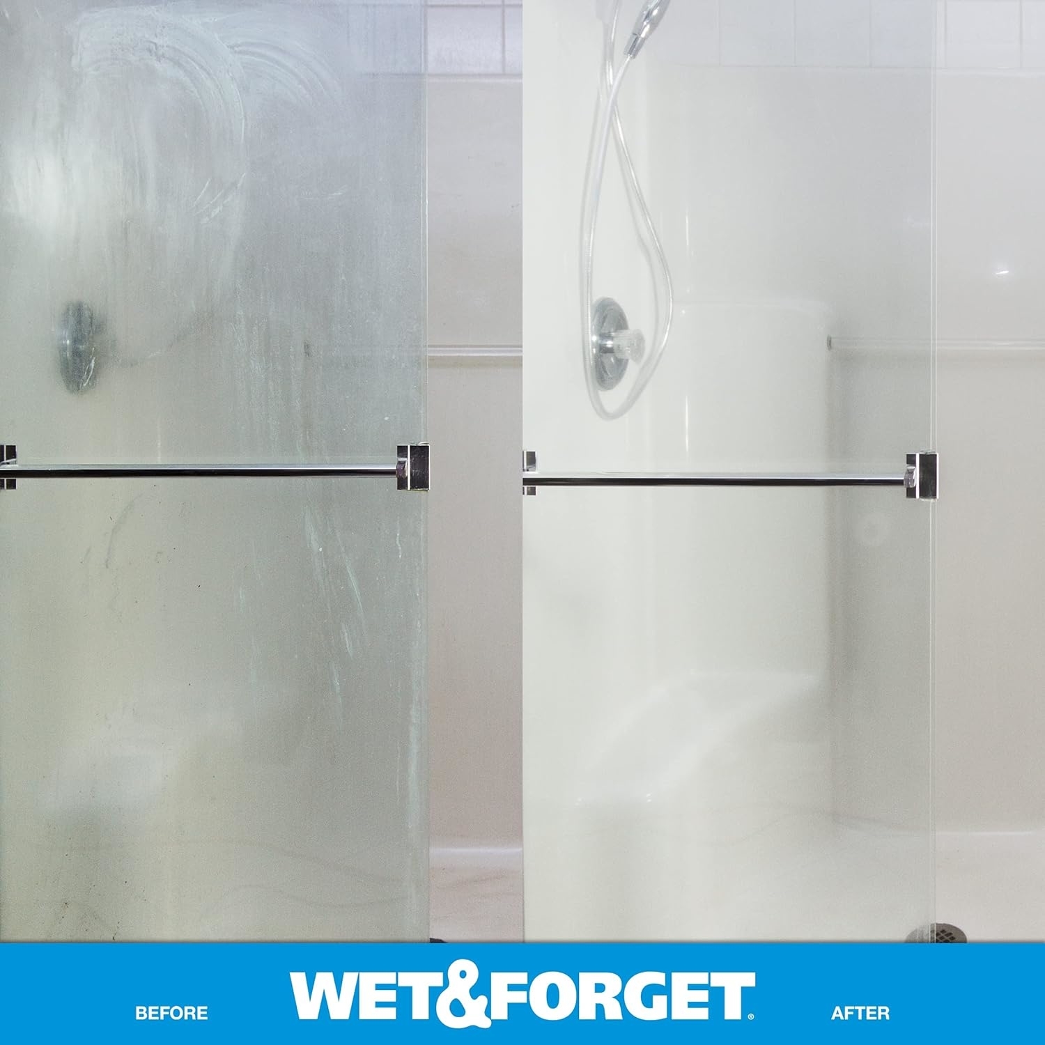 on the left, a cloudy shower door labeled &quot;before&quot; and the same shower door looking clear labeled &quot;after&quot;