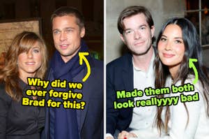 brad pitt and jennifer aniston captioned "Why did we ever forgive Brad for this?" and john mulaney with olivia munn captioned "Made them both look reallyyyy bad"