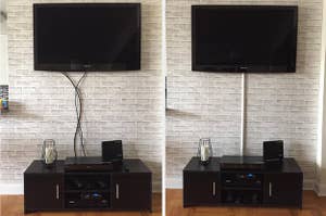 TV with black cables hanging down; TV with a cord organizer hiding the cables