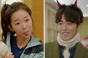 Soo-Bin from the show wears a high ponytail, sticking her tongue out as if being silly. Next to her is a separate image of a teen boy named Jung Joon Hyung who smiles, showing all upper teeth, wearing devil horns