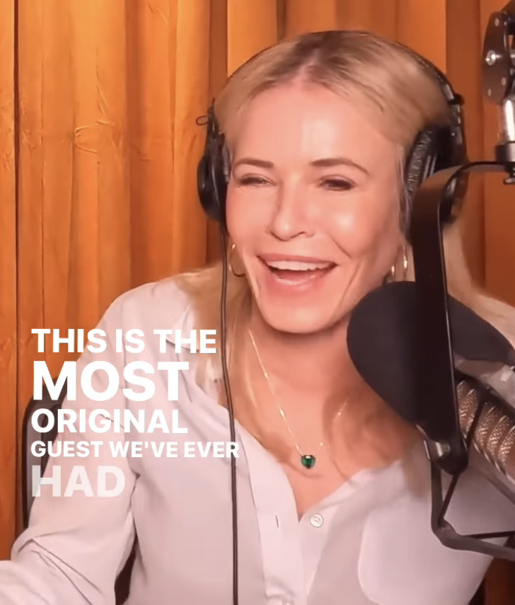 Close-up of Chelsea on the podcast reacting