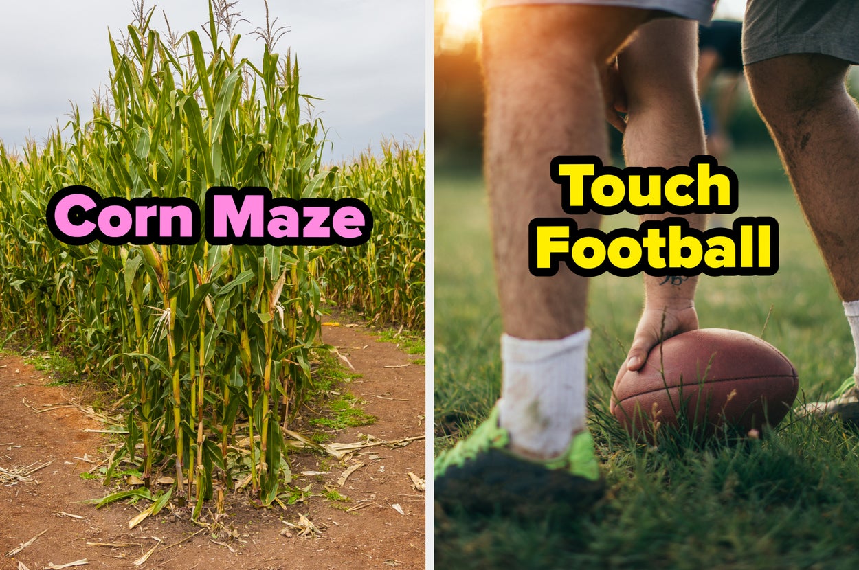 a corn maze and someone about to hike a football