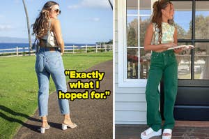 reviewer showing the back of some high rise straight leg levi's / model wearing some baggy green asymmetrical waist jeans