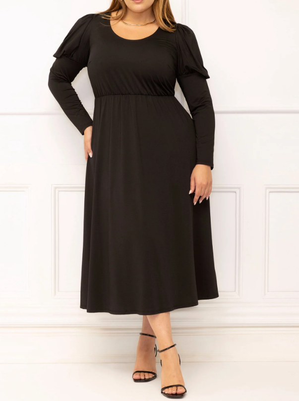black longsleeve dress with puff sleeves on model