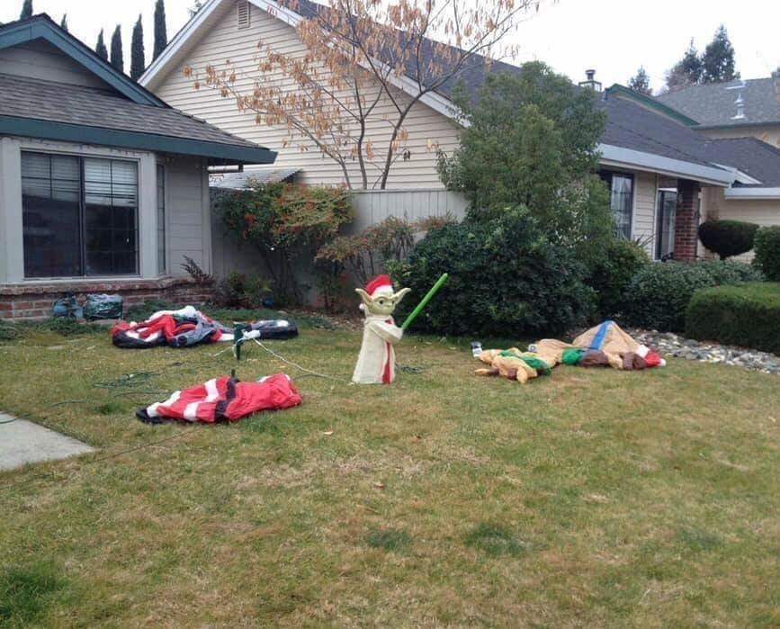 Deflated decorations on a person's lawn