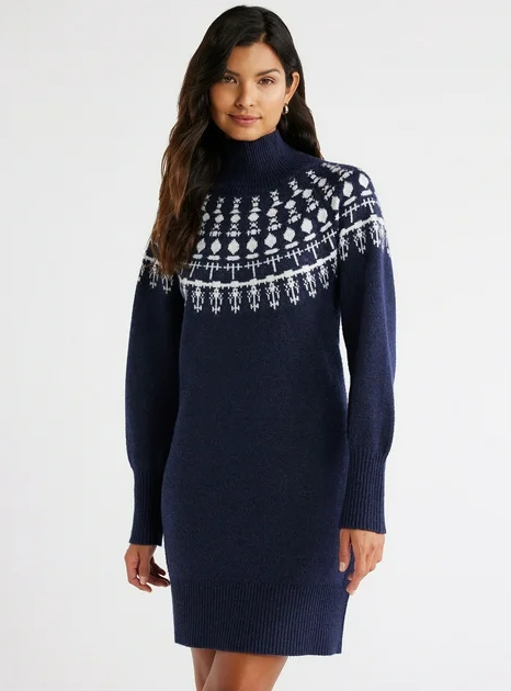 navy sweater dress with neckline pattern on model