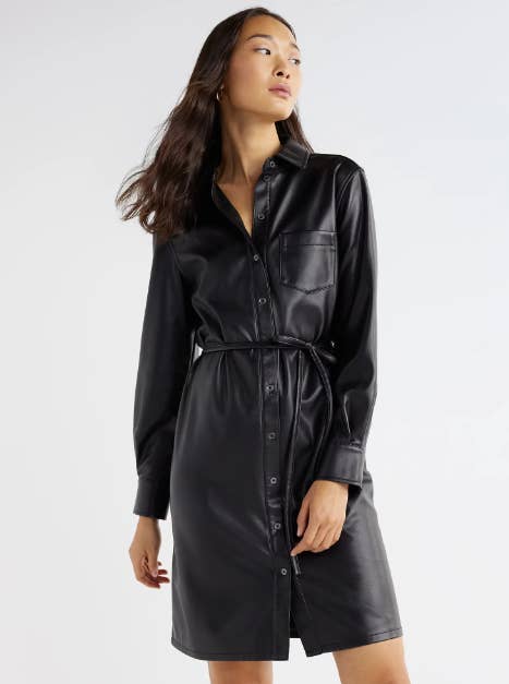 faux leather shirt dress on model