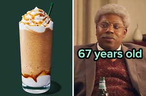 On the left, a Caramel Ribbon Crunch Frappuccino, and on the right, Kenan Thompson wearing a gray wig and glasses in an SNL sketch labeled 67 years old