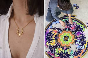 on left: model wearing gold curved necklace, on right: model making floor puzzle