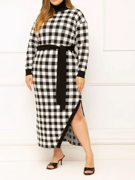 black and white checkered dress on model