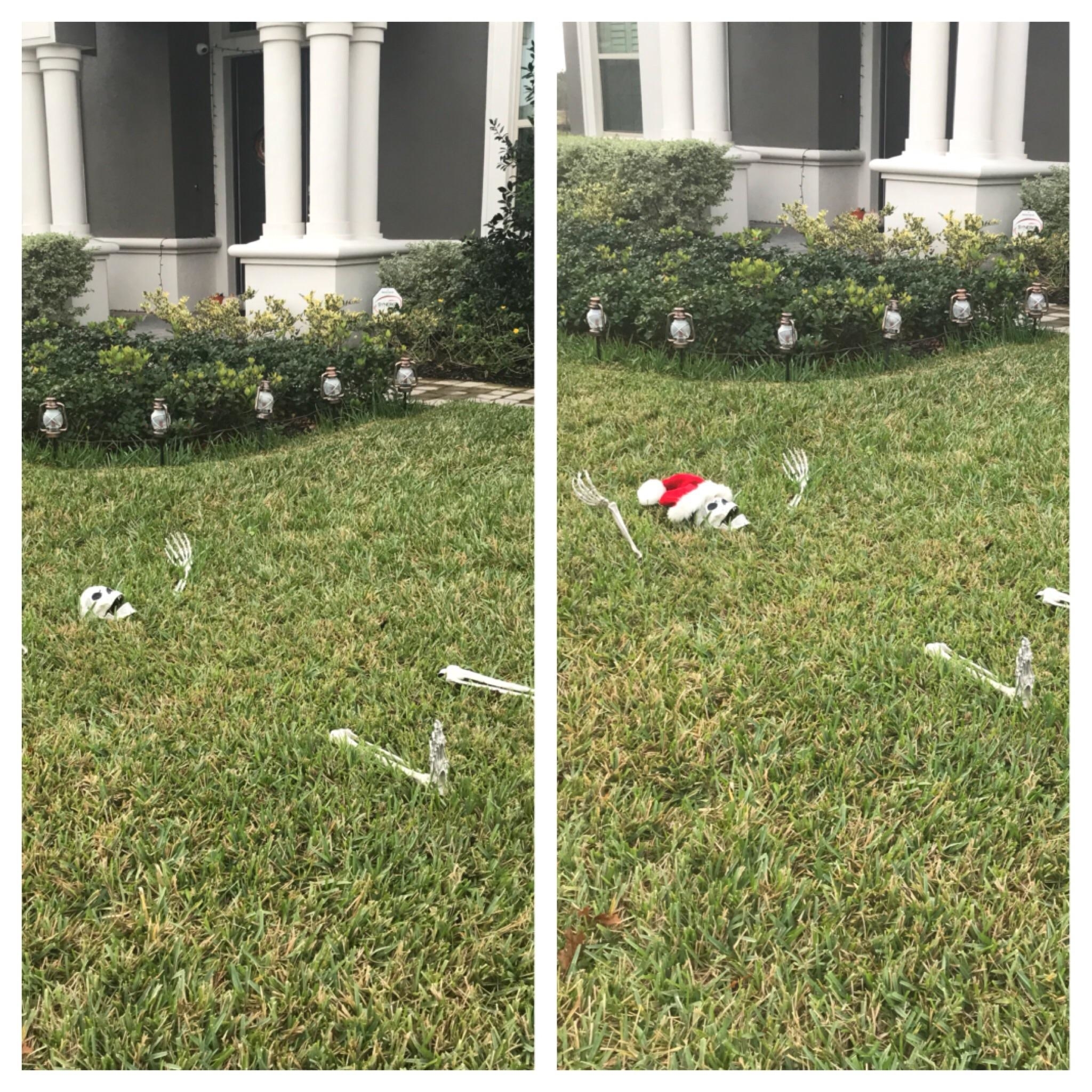 Side-by-side of a skeleton with and without a Santa hat