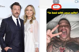 Jason Sudeikis and Olivia Wilde pose on the red carpet together vs Pete Davidson takes a selfie sticking out his tongue and throwing up the peace sign