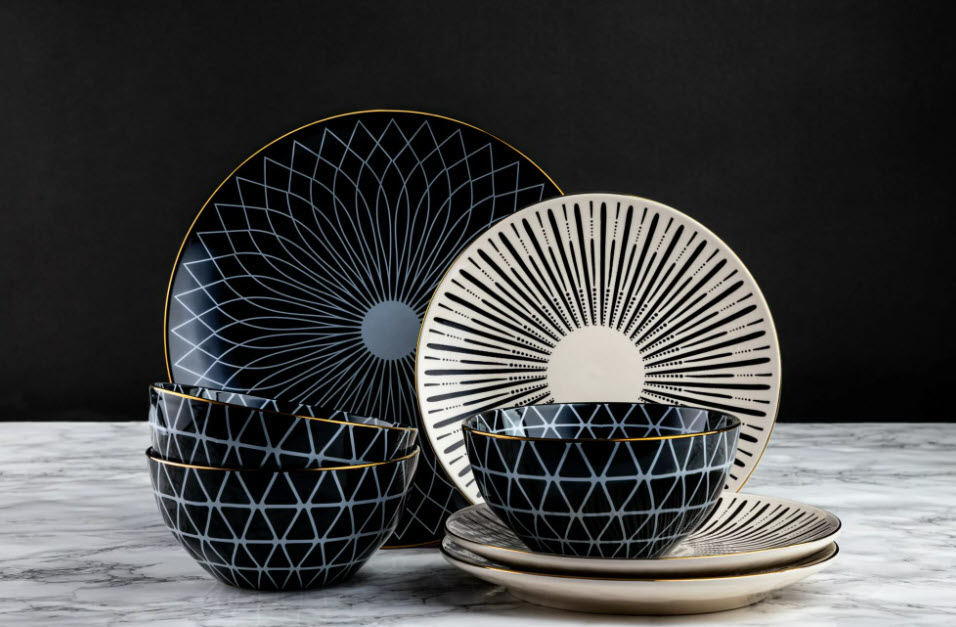 geometric shaped bowls and plates dining set