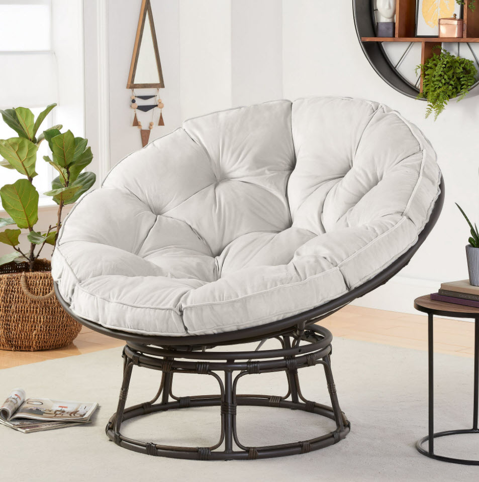cushioned swivel saucer chair in light grey