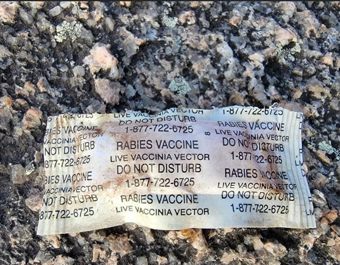 A small packet that says &quot;Rabies vaccine, live vaccinia vector, do not disturb&quot;