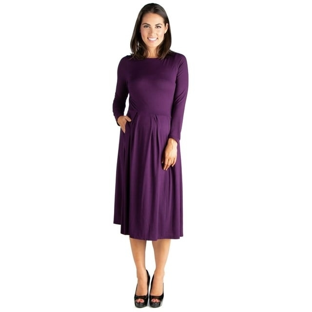 purple fit and flare dress on model