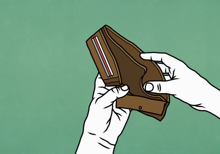 Animated drawing of a hand holding an empty wallet
