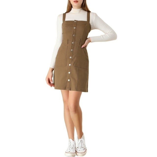 brown denim button up dress on model
