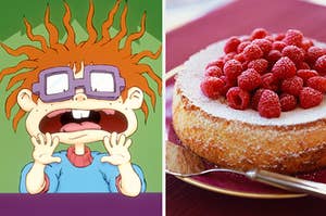 chuckie from rugrats on the left and a raspberry cake on the right
