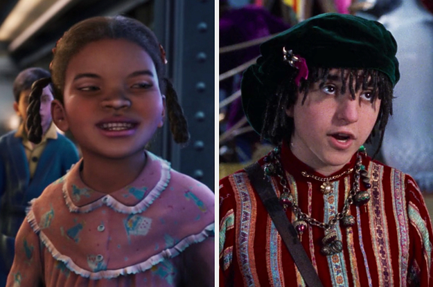 On the left, the little girl from The Polar Express singing, and on the right, Bernard the elf from The Santa Clause