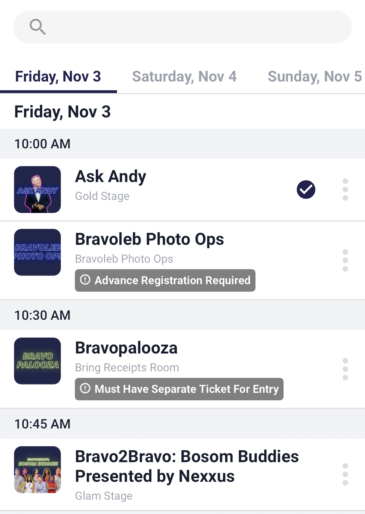 A screencap of the BravoCon schedule within the BravoCon app