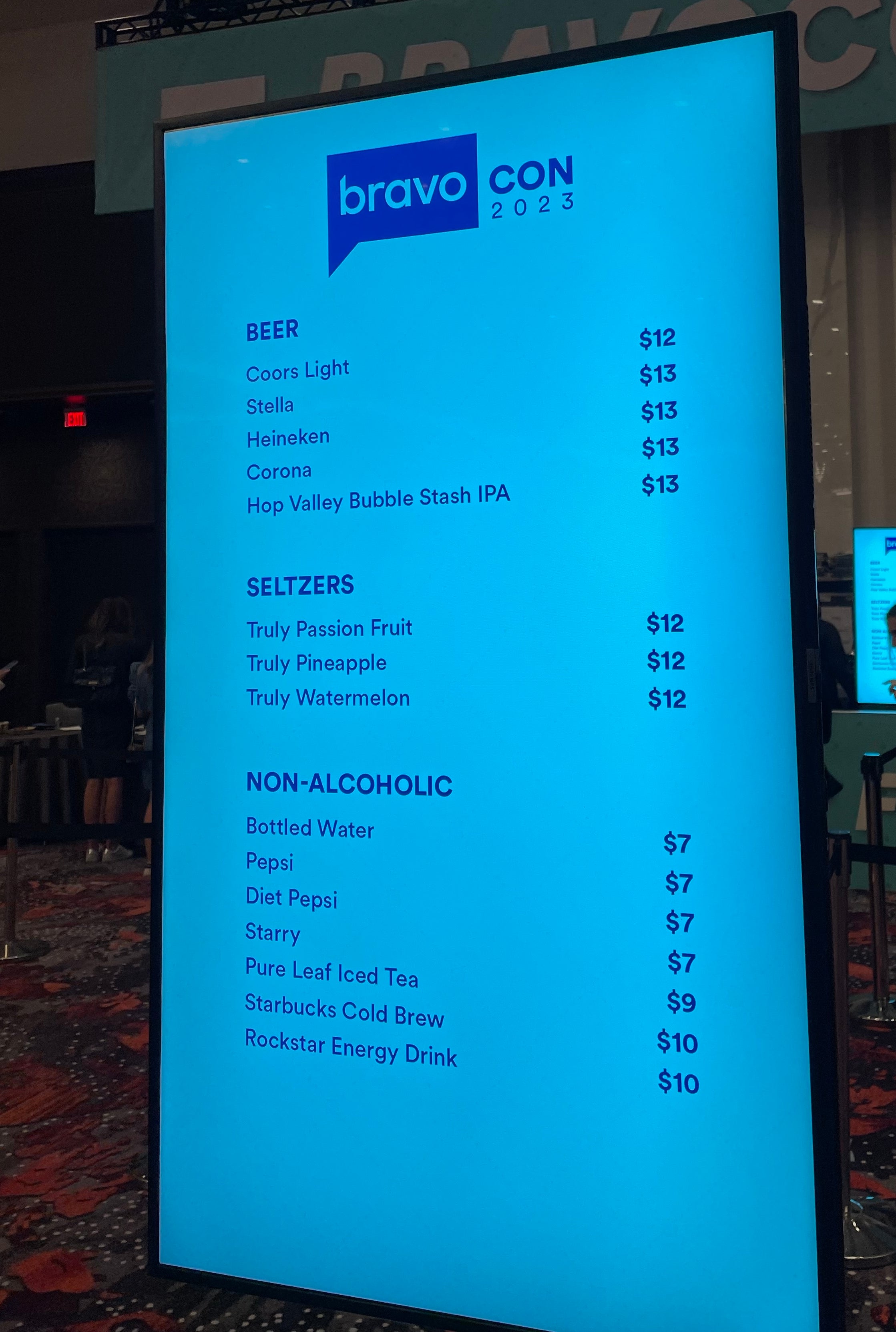 The drink menu at BravoCon, featuring $12 coors light