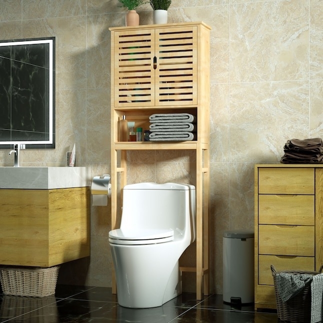 bamboo over-toilet shelf system with cabinet and shelf