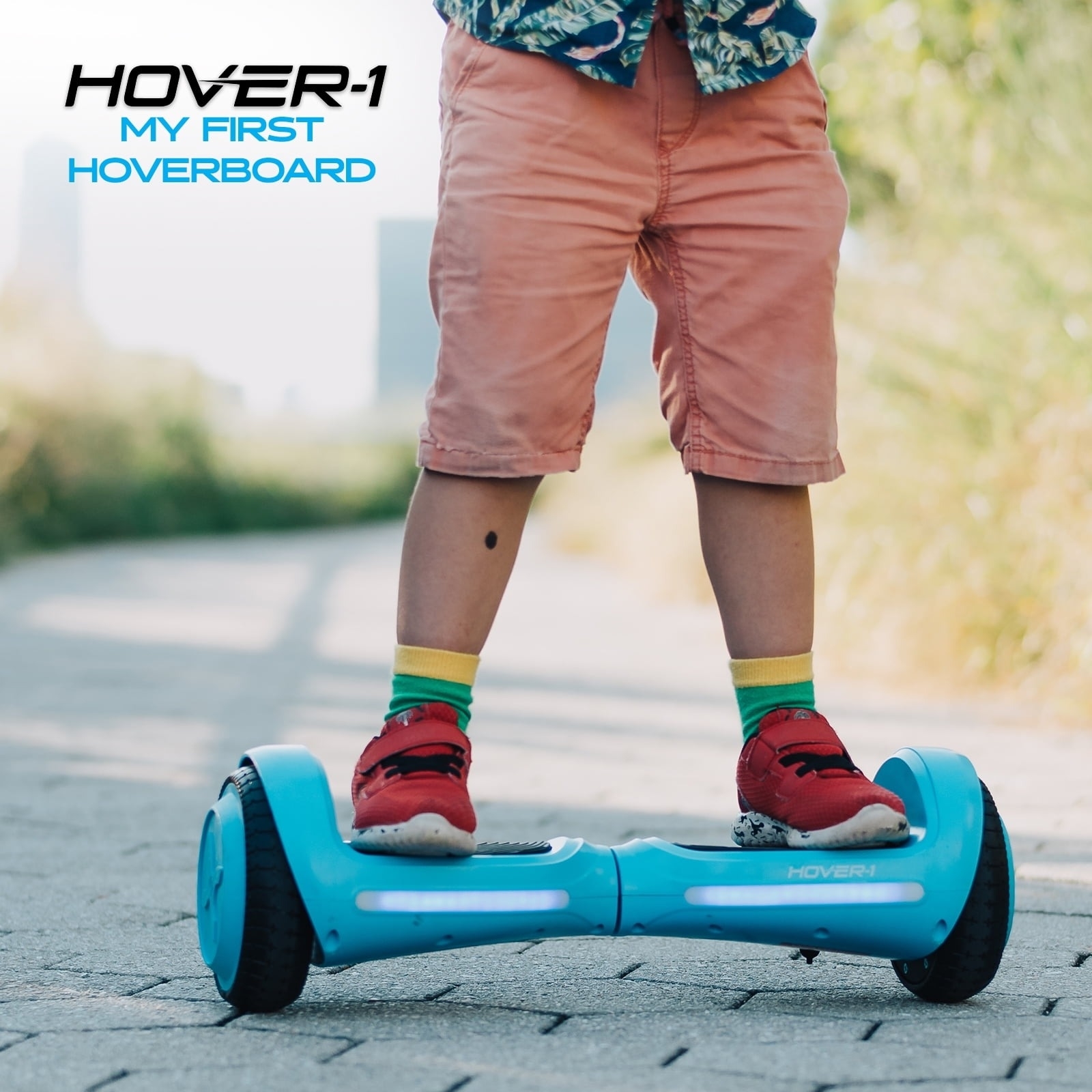 Child rides on a hoverboard