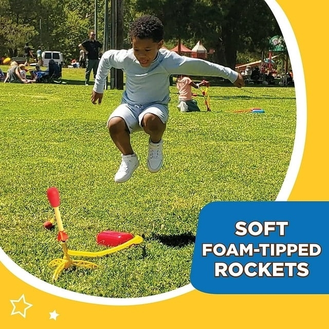 Child launches a stomp rocket. Text reads soft foam-tipped rockets