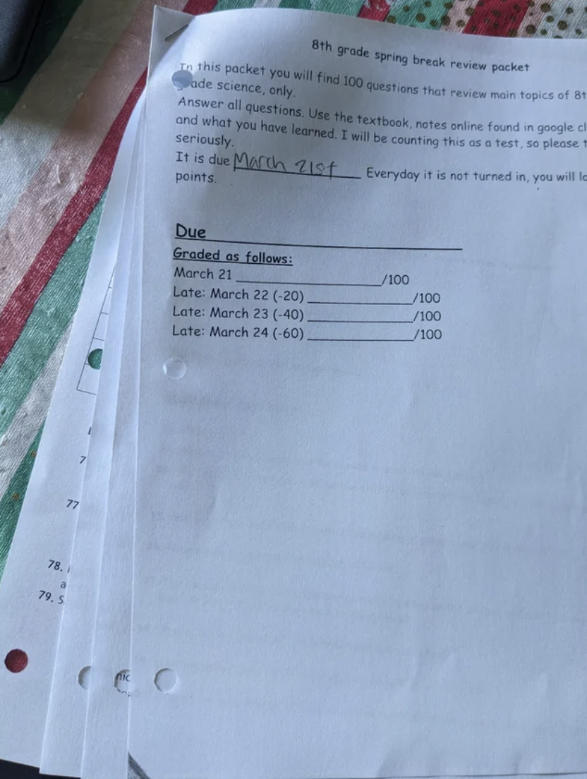 The packet is several pages thick, is labeled "eighth grade spring break review packet," includes 100 questions, and the teacher says they will count it as a test