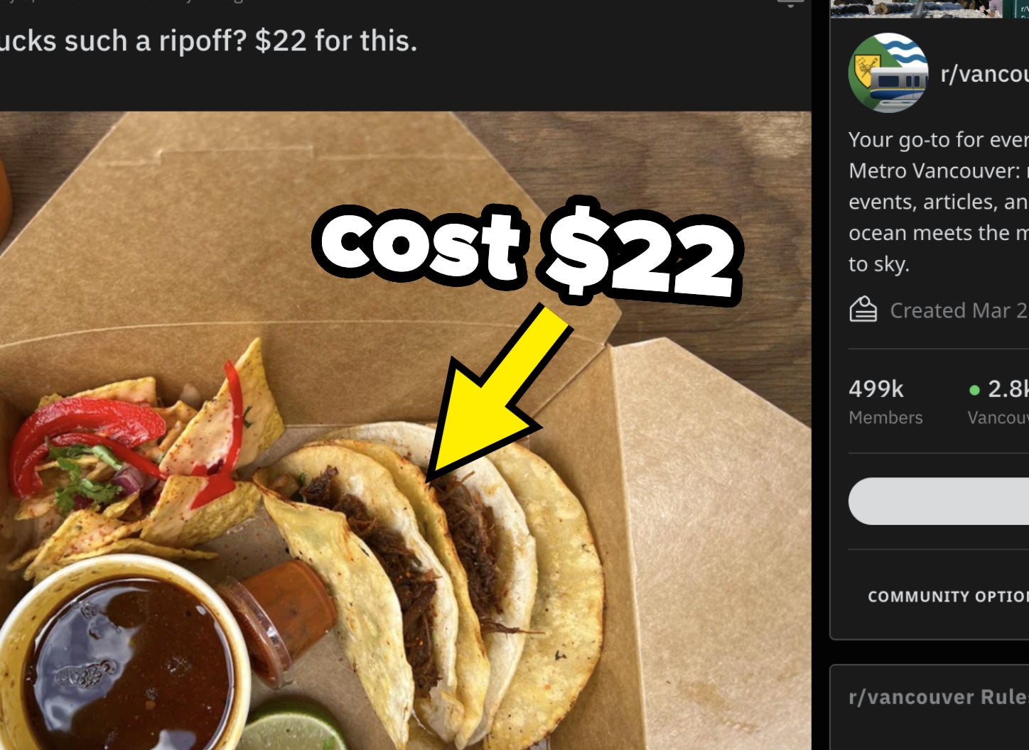 A $22 taco meal from a food truck is being shown