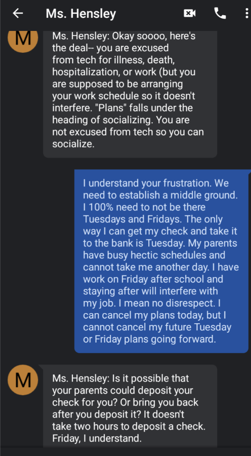 A student explains they can't stay after school because they need to pick up their check from work and deposit, and the teacher says they can only be excused due to illness, death, hospitalization, or actual work