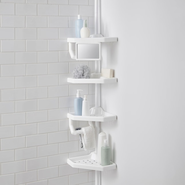 white tension pole shower caddy