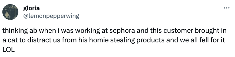 tweet reading &quot;thinking about when I was working at Sephora and this customer brought in a cat to distract us from his homie stealing products and we all fell for it LOL&quot;