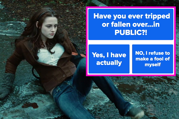 Bella Swan sitting on the ground in Twilight next to a screenshot of the question have you ever tripped or fallen over in public