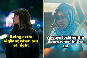 a woman looking around at night, a black hijabi driving