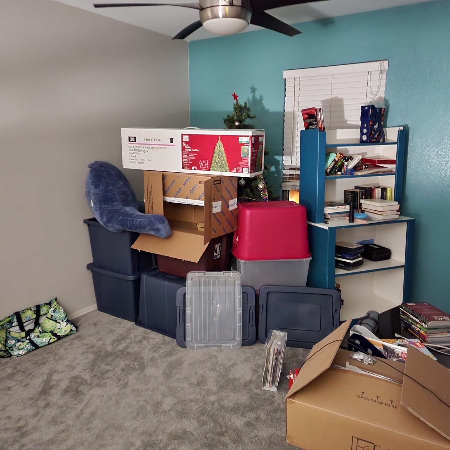 Shelves and bins blocking a Christmas tree from view