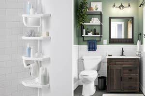 on left: corner-sized shower caddy. on right: open shelf with towel rack and shelves above toilet