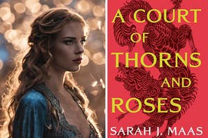 An AI woman in a blue dress and the book cover of "A Court of Thorns and Roses."