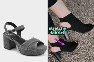 metallic heels, black stretchy heels