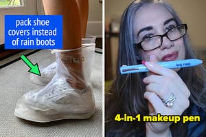 The reviewer wearing shoe covers and another reviewer holding a 4-in-1 makeup pen