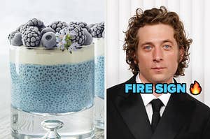 Blue chia pudding next to a separate image of Jeremy Allen White on a red carpet.His face is relaxed and he wears a suit.