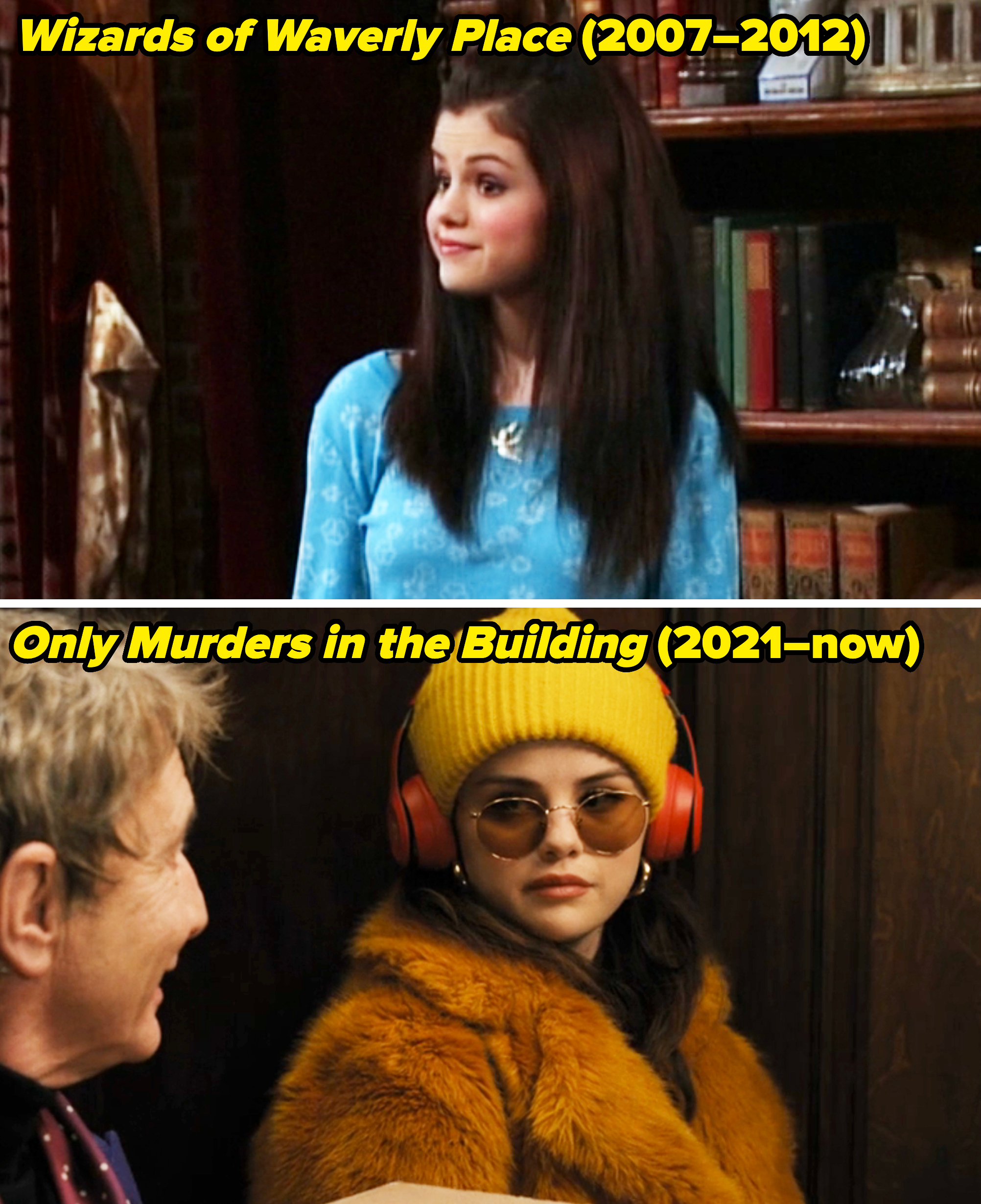 closeup of her in wizards of waverly place and then in only murders in the building