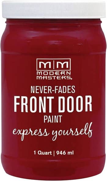 A jar of the front door paint in Satin Passionate